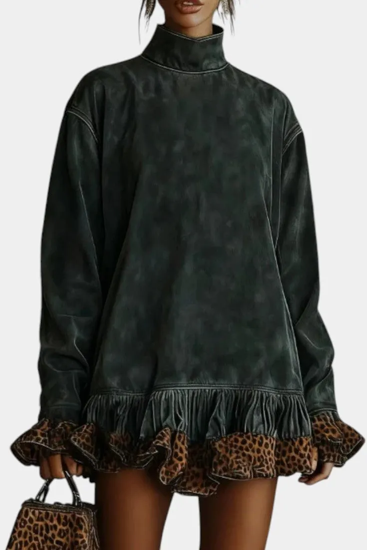 Asymmetric Turtleneck Dress with Leopard Ruffles