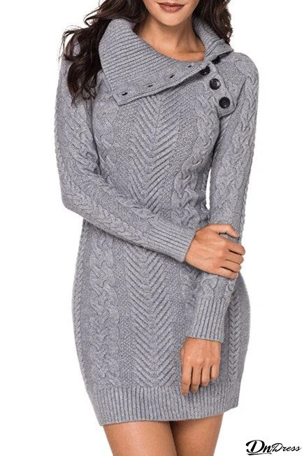 Asymmetric Buttoned Collar Grey Bodycon Sweater Dress