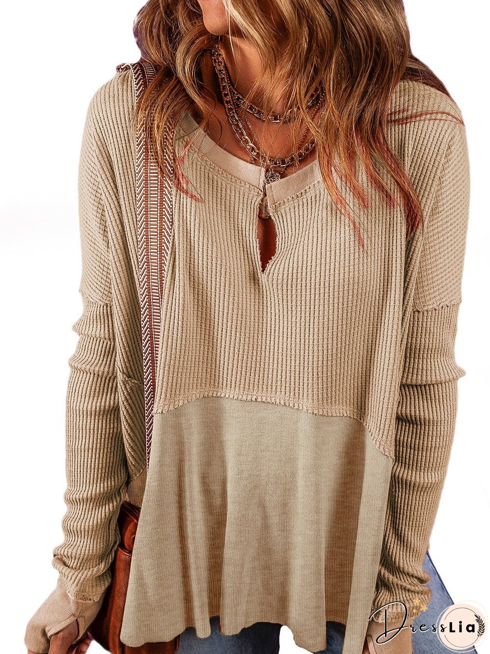 Light French Beige Waffle Knit Top with Exposed Seam Detail