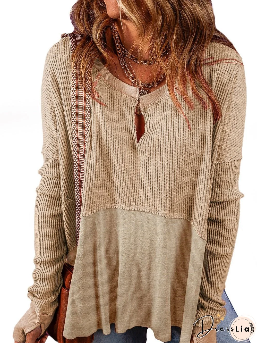 Light French Beige Waffle Knit Top with Exposed Seam Detail