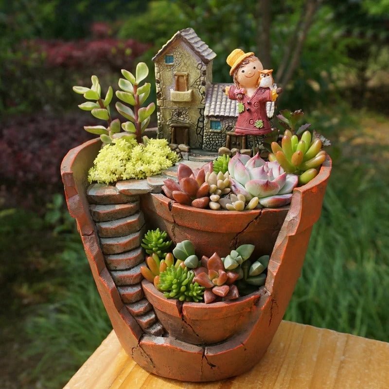 Retro Farmhouse Flower Pot for Succulents Plants Decorative Planter Mini Bonsai Flowerpot Fairy Garden Home Desktop Decoration