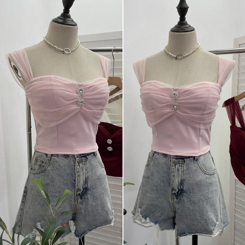 Nigikala Nigikala Shooting Net Red Pure Lust Folding Net Yarn Splicing Sling Sling Vest Bratie Short Sleeveless Top 8039