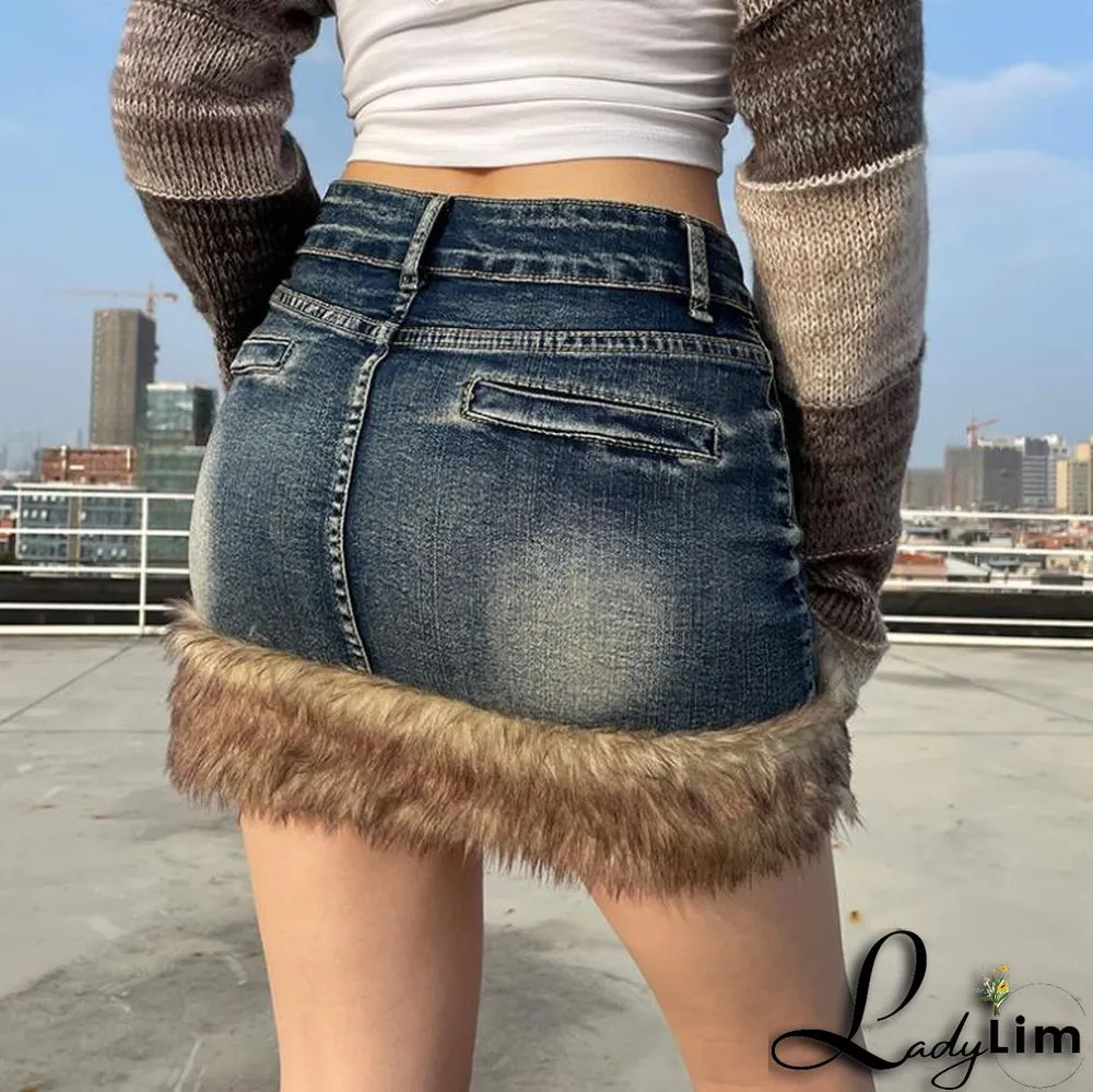 Fluffy Edge Wash Denim Retro Blue Stretch Skirt Female Style Bodycon Mini Skirt