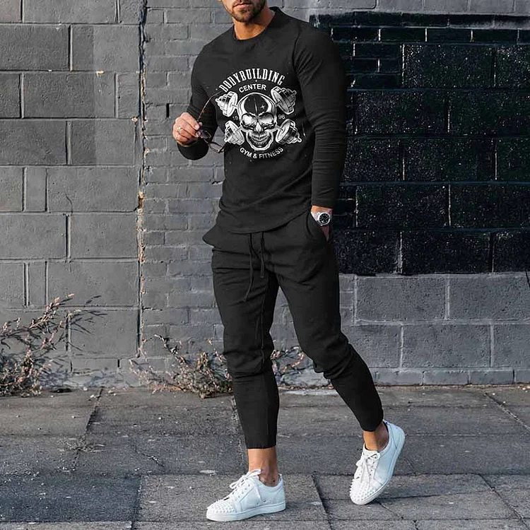 Fashion Men's Skull Pattern Casual Long Sleeve T-Shirt And Pants Co-Ord