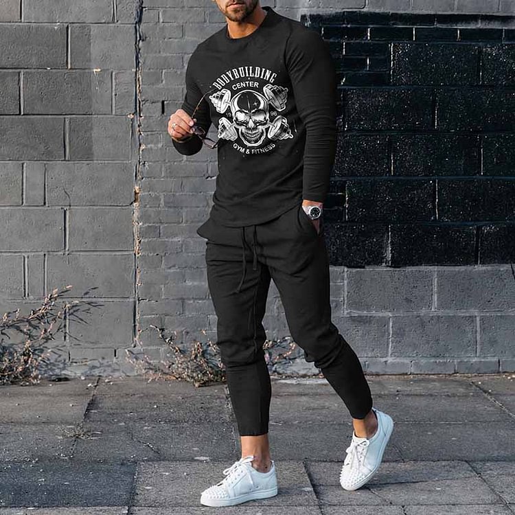 BrosWear Fashion Men's Skull Pattern Casual Long Sleeve T-Shirt And Pants Co-Ord