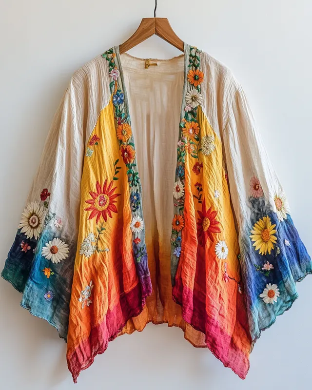 Summer Rainbow Gradient Daisy Embroidered Cardigan f162
