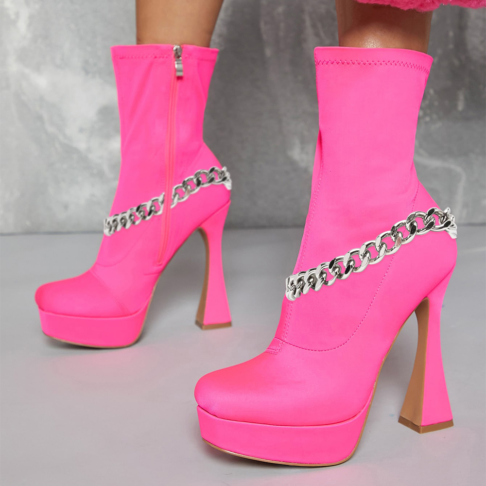 Hot Pink Flared Heel Chain Decor Platform Fashion Ankle Boots Nicepairs