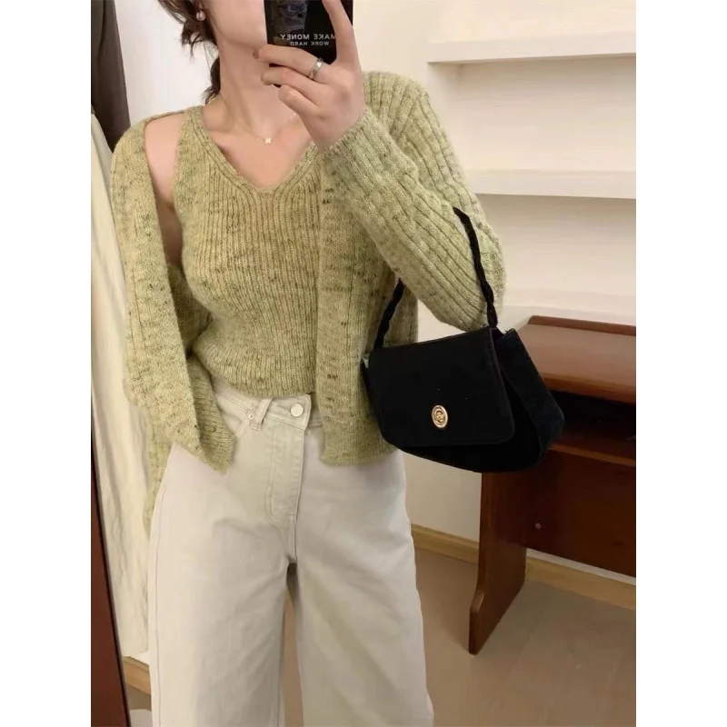 Uveng Uveng New Retro Color Yarn Sweater Coat Women Loose Knitted Slings Two Sets