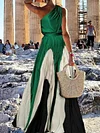 Contrast Color One-Shoulder Maxi Dress