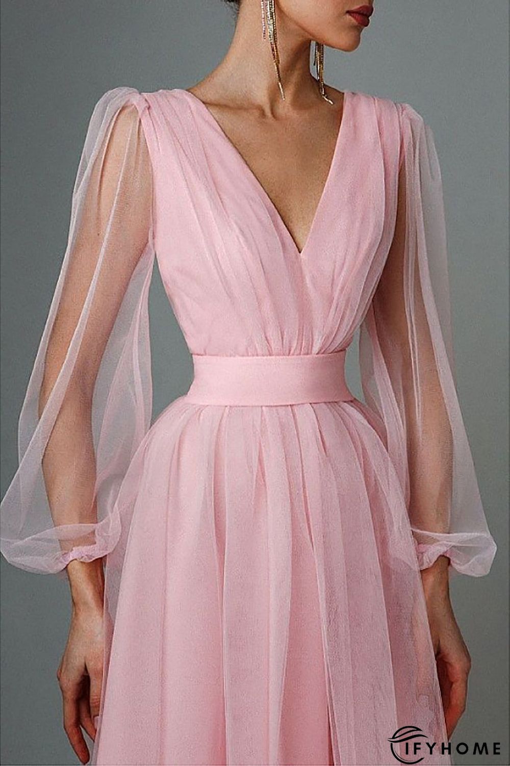 V Neck Tulle Long Sleeve Midi Dress | IFYHOME