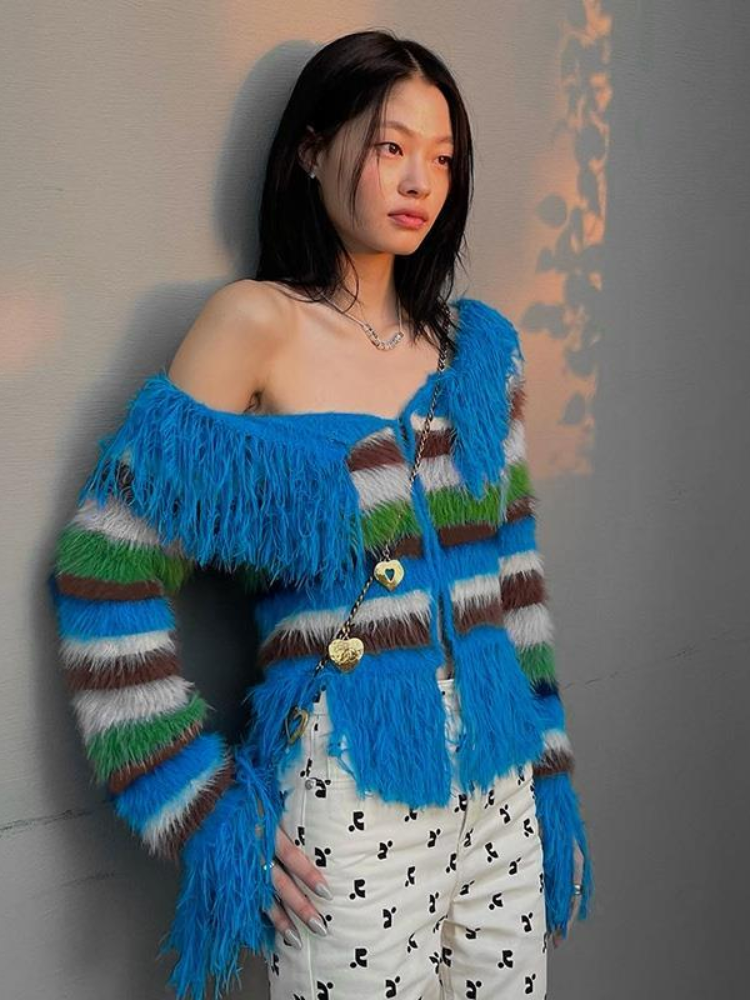 Tlbang Aesthetic Blue Striped Contrast Color Knitted Carigan Slash Neck Women Cardigan Tassel Patchwork Off Shoulder Sweaters