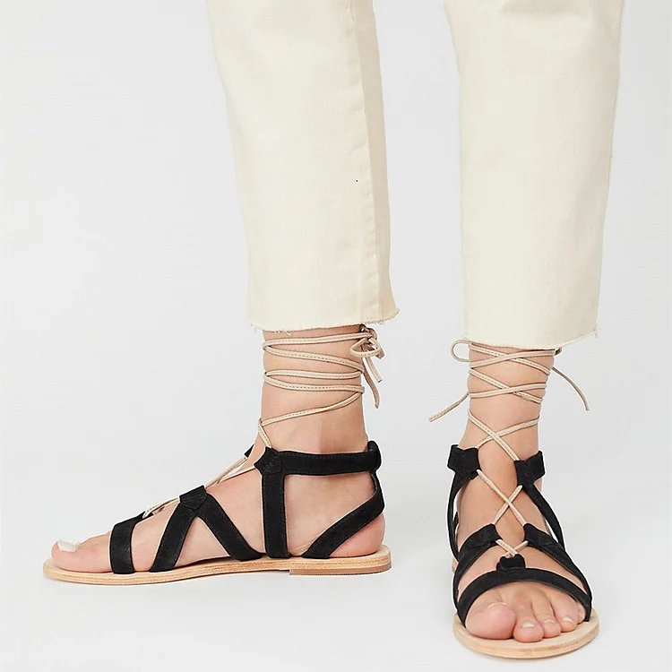 Black Open Toe Gladiator Sandals Lace up Strappy Sandals |FSJ Shoes