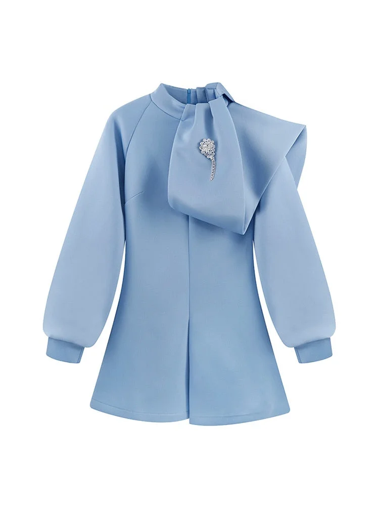 Dress Women Stand Collar Autumn Spring Fashion New Mini Elegant Party Dress Brooch Lantern Long Sleeve Office Ladies Candy Color