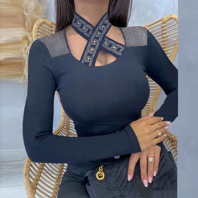 Elegant U Neck Diamond Shirt Pullover Office Lady Sexy Fashion Skinny Blouse 2022 Spring Long Sleeve Women Tops Blusa Streetwear
