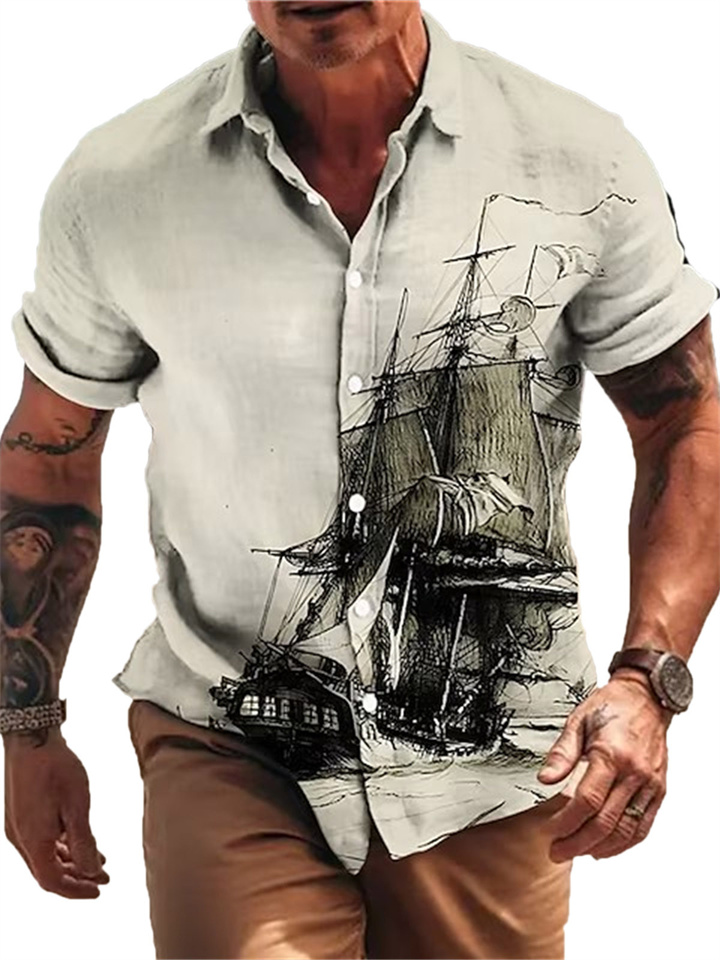 Men's Shirt Linen Shirt Graphic Prints Vintage Sailboat Turndown Lake blue Blue Orange Green Khaki Outdoor Street Short Sleeves Print Clothing Apparel Linen Fashion Designer Casual Soft | 168DEAL