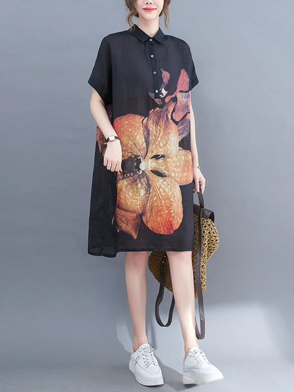 Artistic Retro Floral Stamped Buttoned Lapel Collar Short Sleeves Midi Shirt Dress