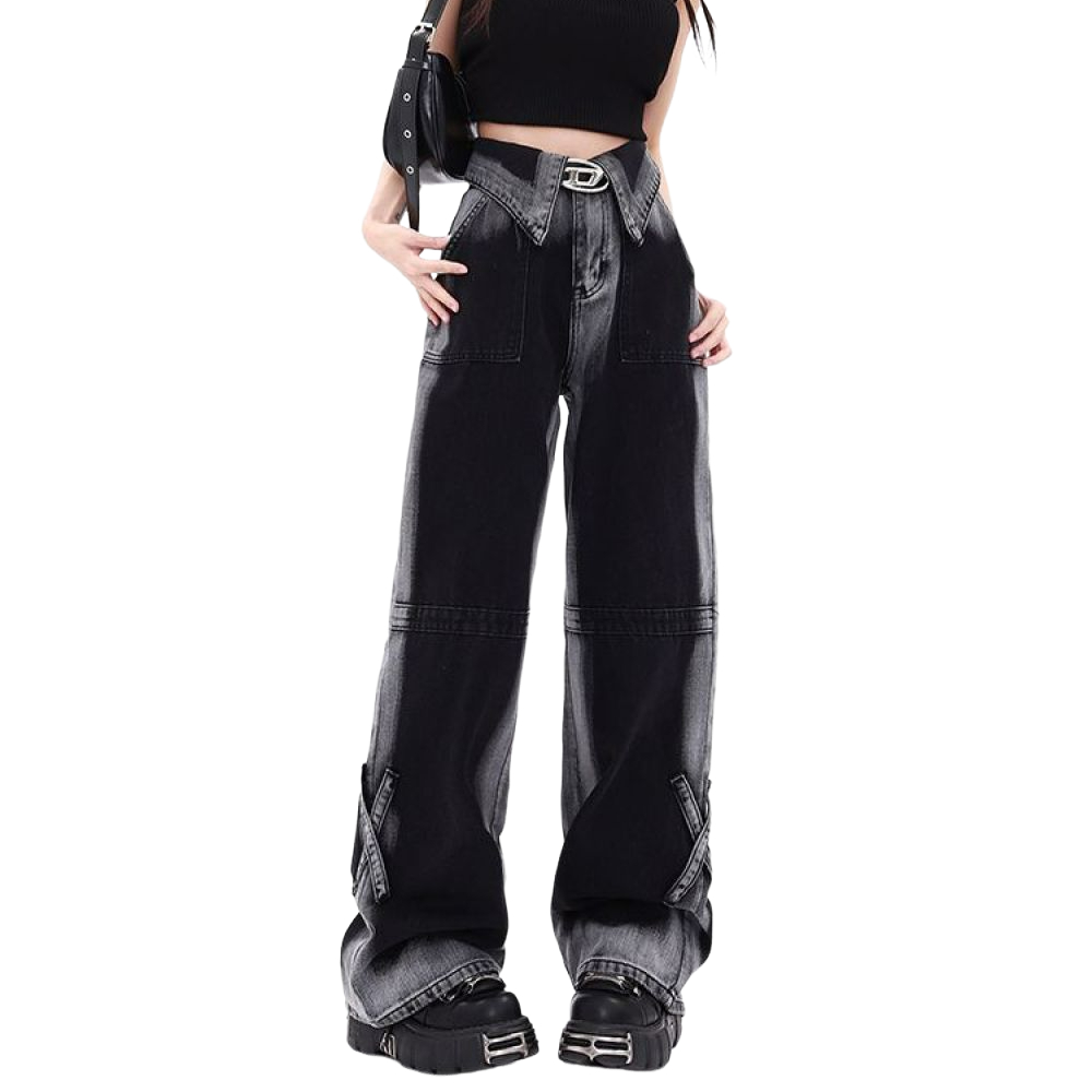 Gamezplane fall outfits American Vibe Style VintageBlack Jeans Women Autumn Winter Lapel Design High Street Dopamine Wear Straight Wide Leg Pants Y2K