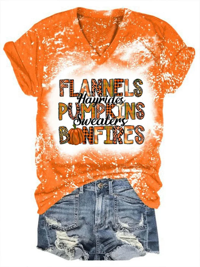 Women's Flannels Hayrides Pumpkins Sweaters Bonfires Print V-Neck T-Shirt
