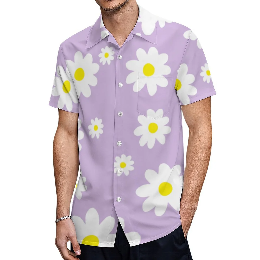 Short Sleeve Lilac Purple Daisy Flower Hawaiian Shirt Mens Button Down Plus Size Tropical Hawaii Beach Shirts