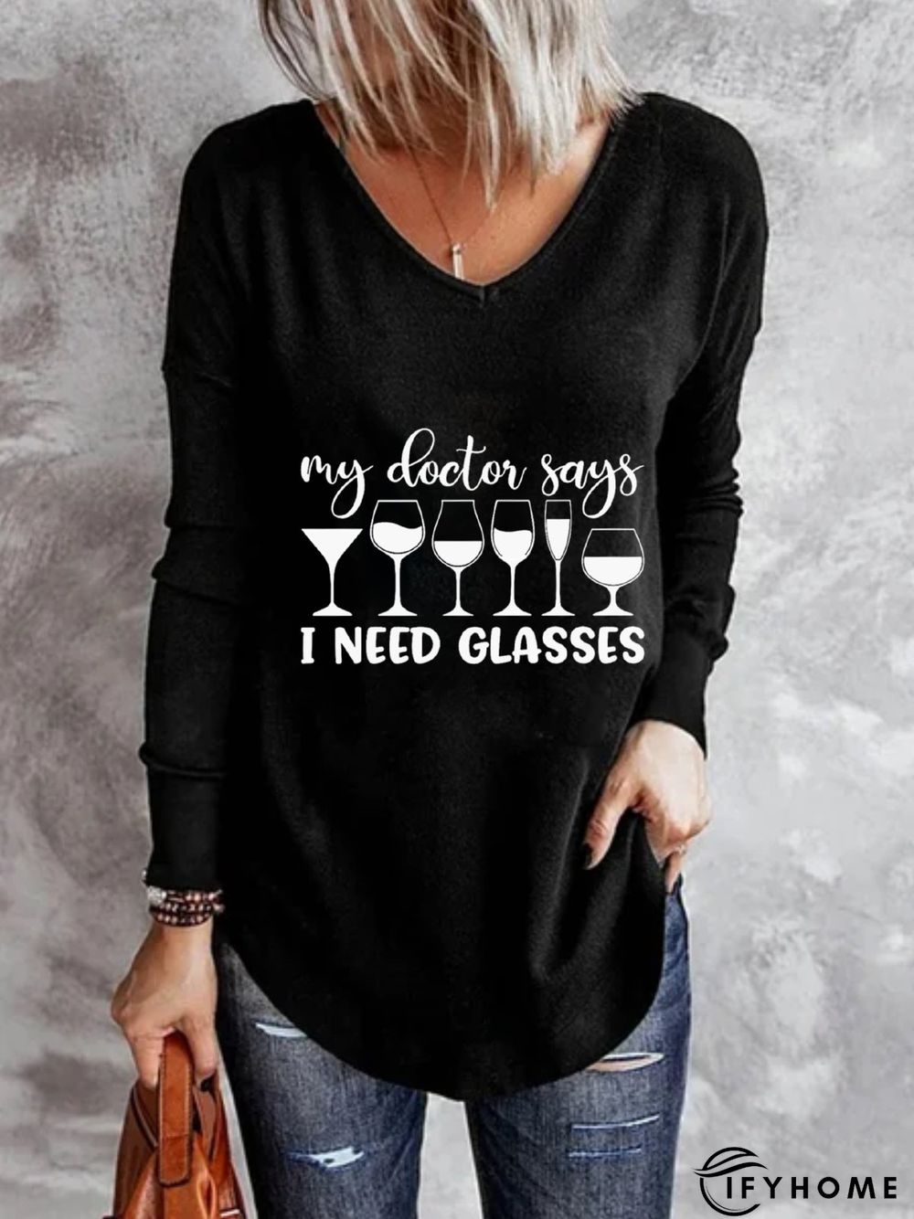 Long Sleeve V Neck Printed Top Tunic T-Shirt | IFYHOME