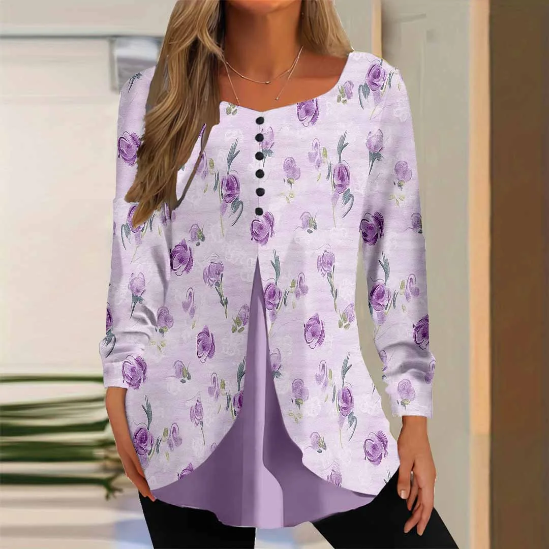 Women Floral,Purple DZGG8309 Long Sleeve Scoop Neck Printed Graphic Button Fake 2in1 Tops