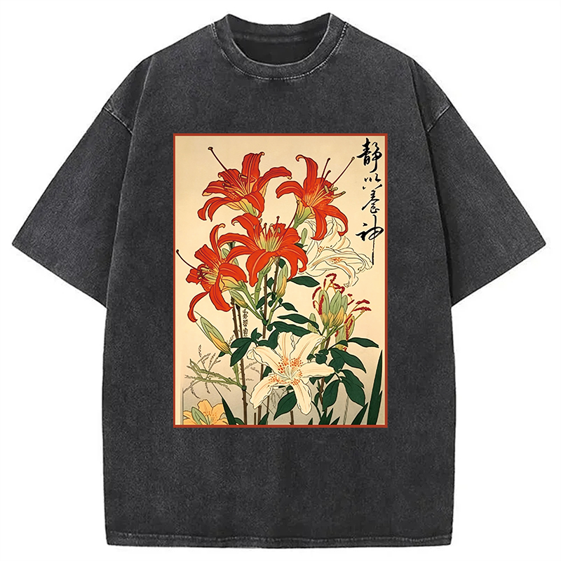 Red And White Lilies Washed T-shirt elevenforest