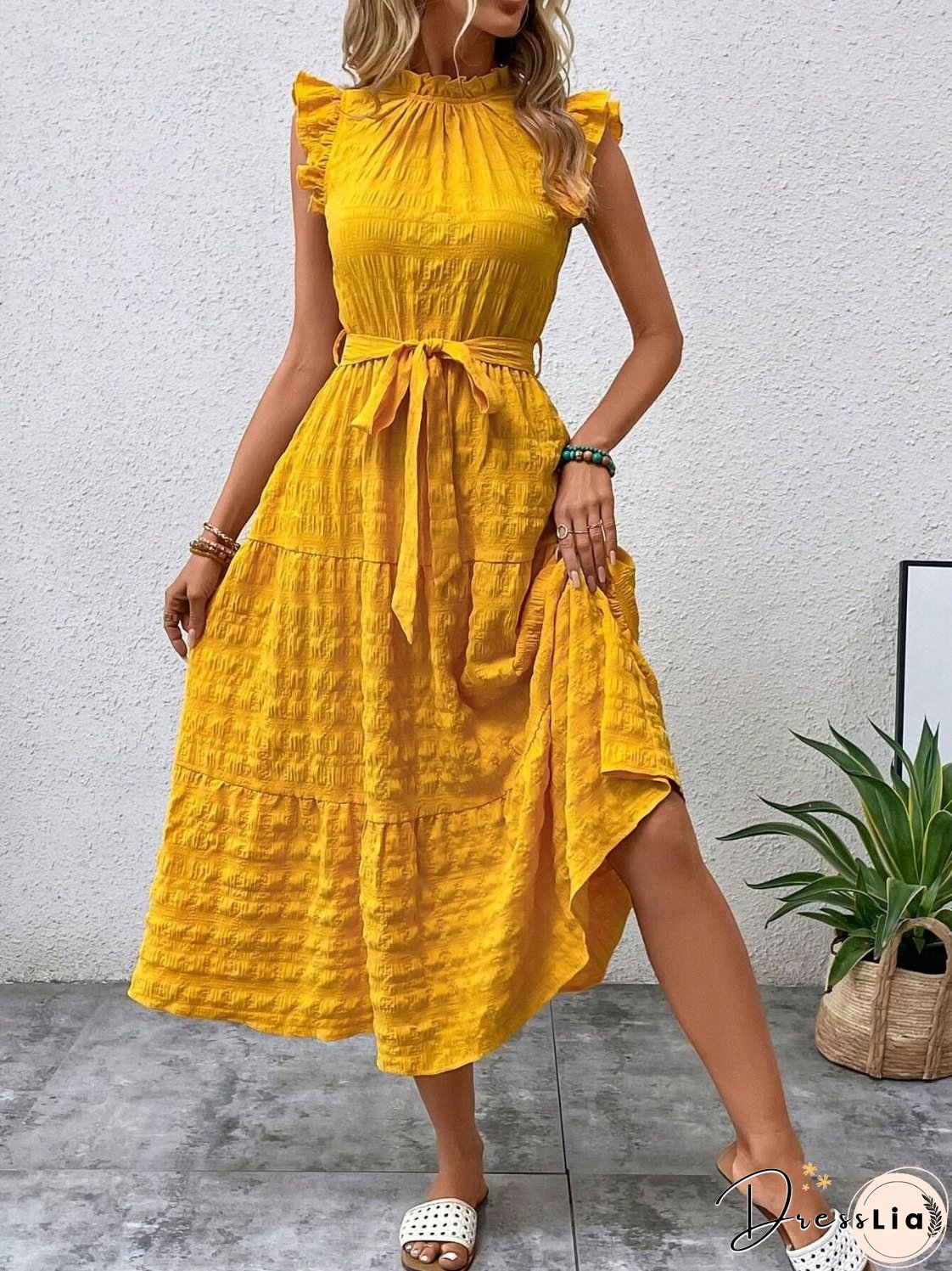 Tied Ruffled Cap Sleeve Midi Dress