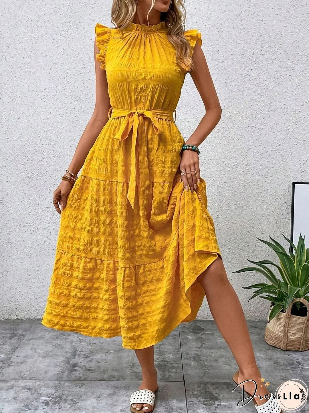Tied Ruffled Cap Sleeve Midi Dress