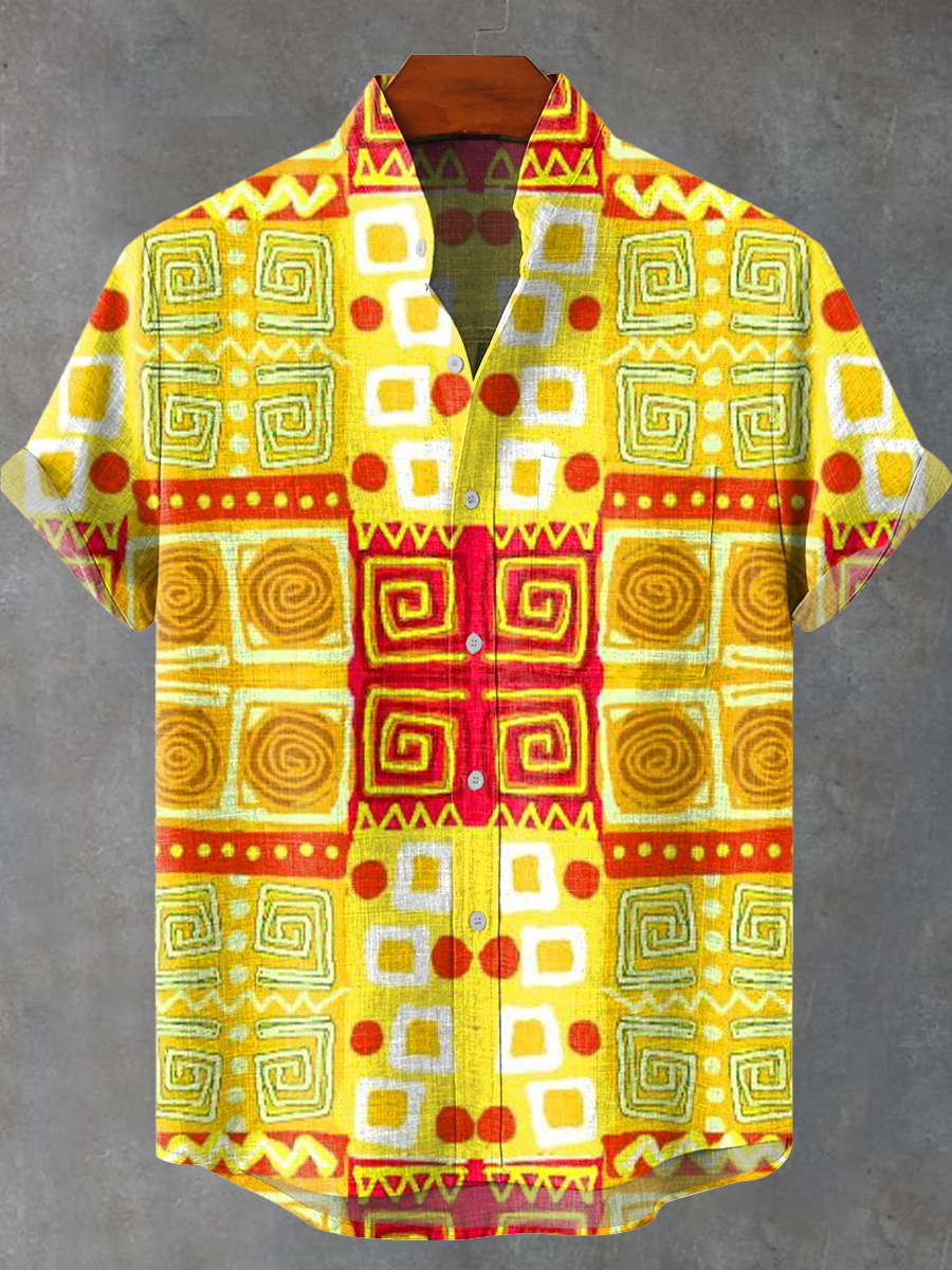 Vintage Abstract African Ethnic Geometric Painting Art Print Casual 100% Cotton Shirt