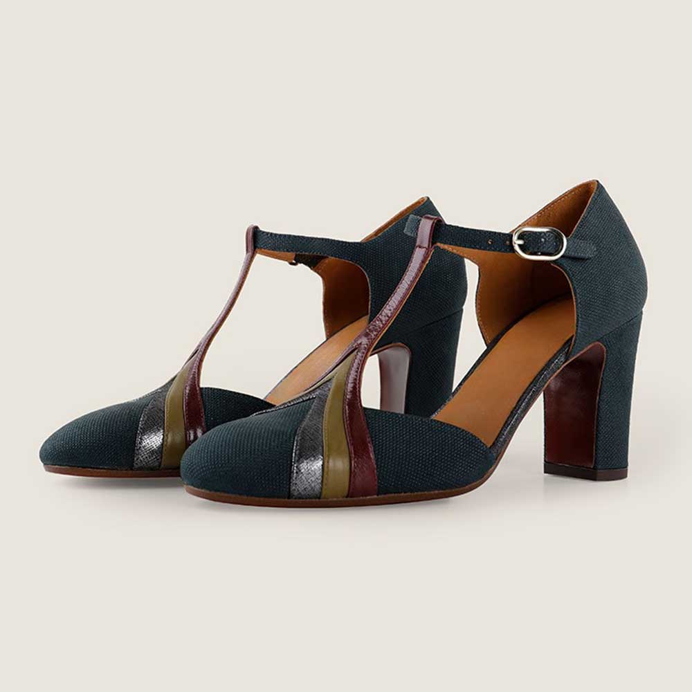 Dark Teal Buckle T-Strap Chunky Heel Pumps Shoes with Colorful Stripes Nicepairs