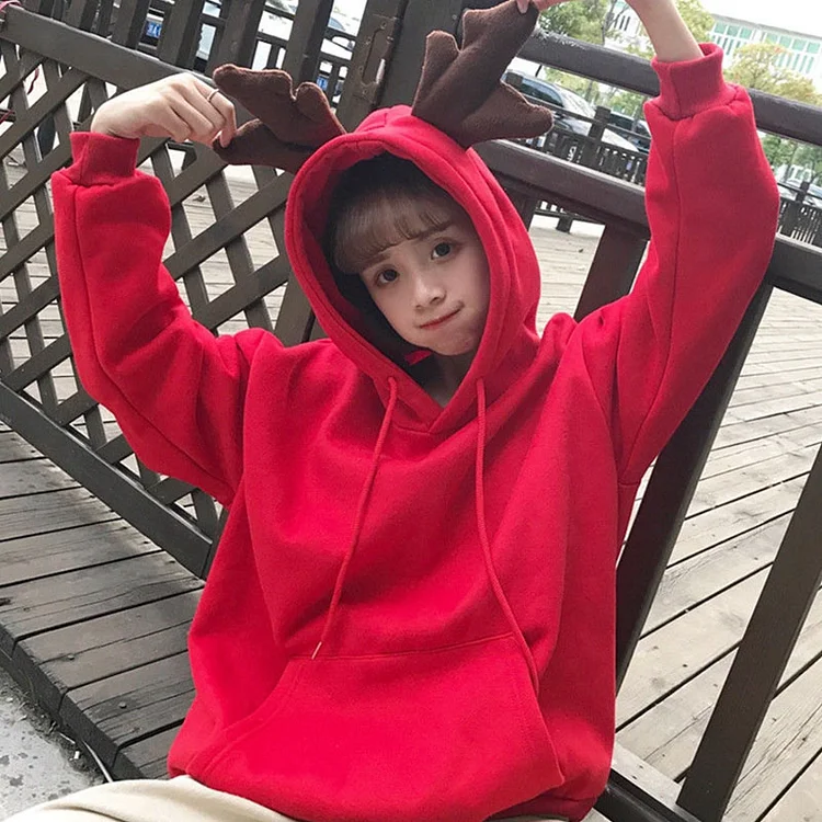 Loose Pure Color Antlers Hoodie - Modakawa Modakawa