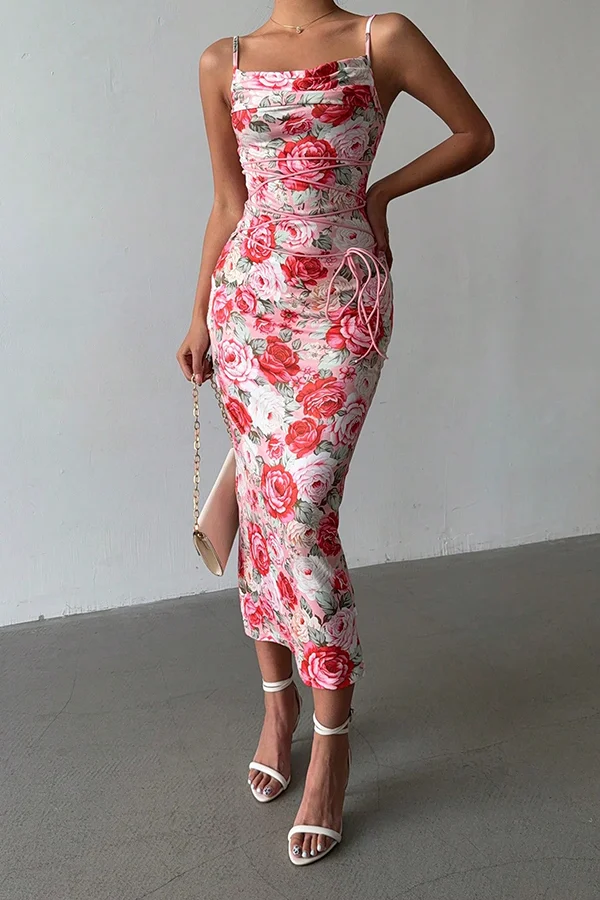 Floral Print Sexy Halter Back Slim Fit Lace Up Midi Dress