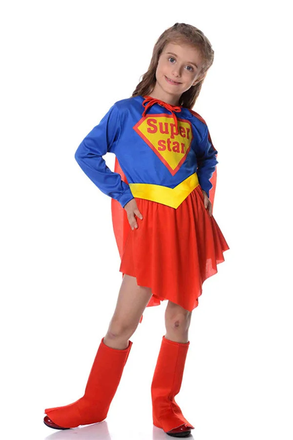 Cool Halloween Cosplay Superhero Supergirl Kids Costume Blue-elleschic