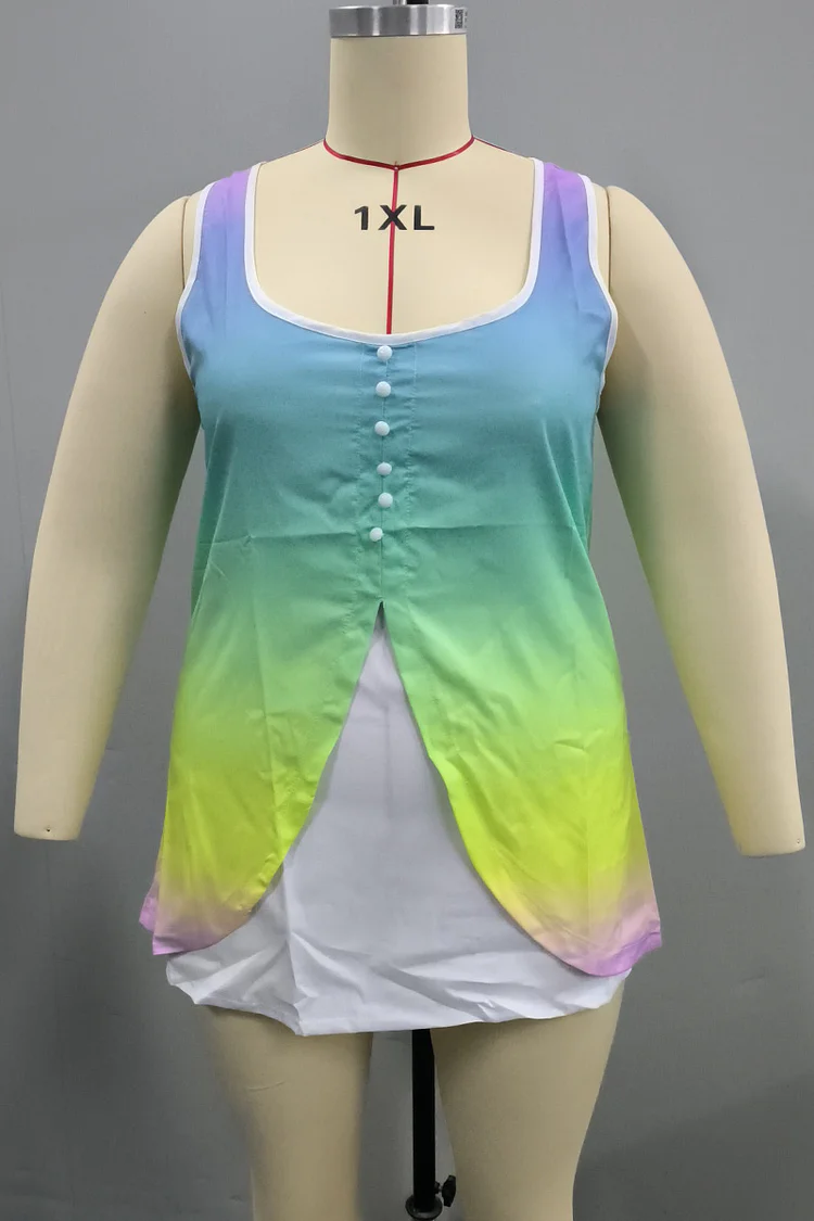 Plus Size Rainbow Print Decorative Button Faux Two Piece Tank Top  Flycurvy [product_label]
