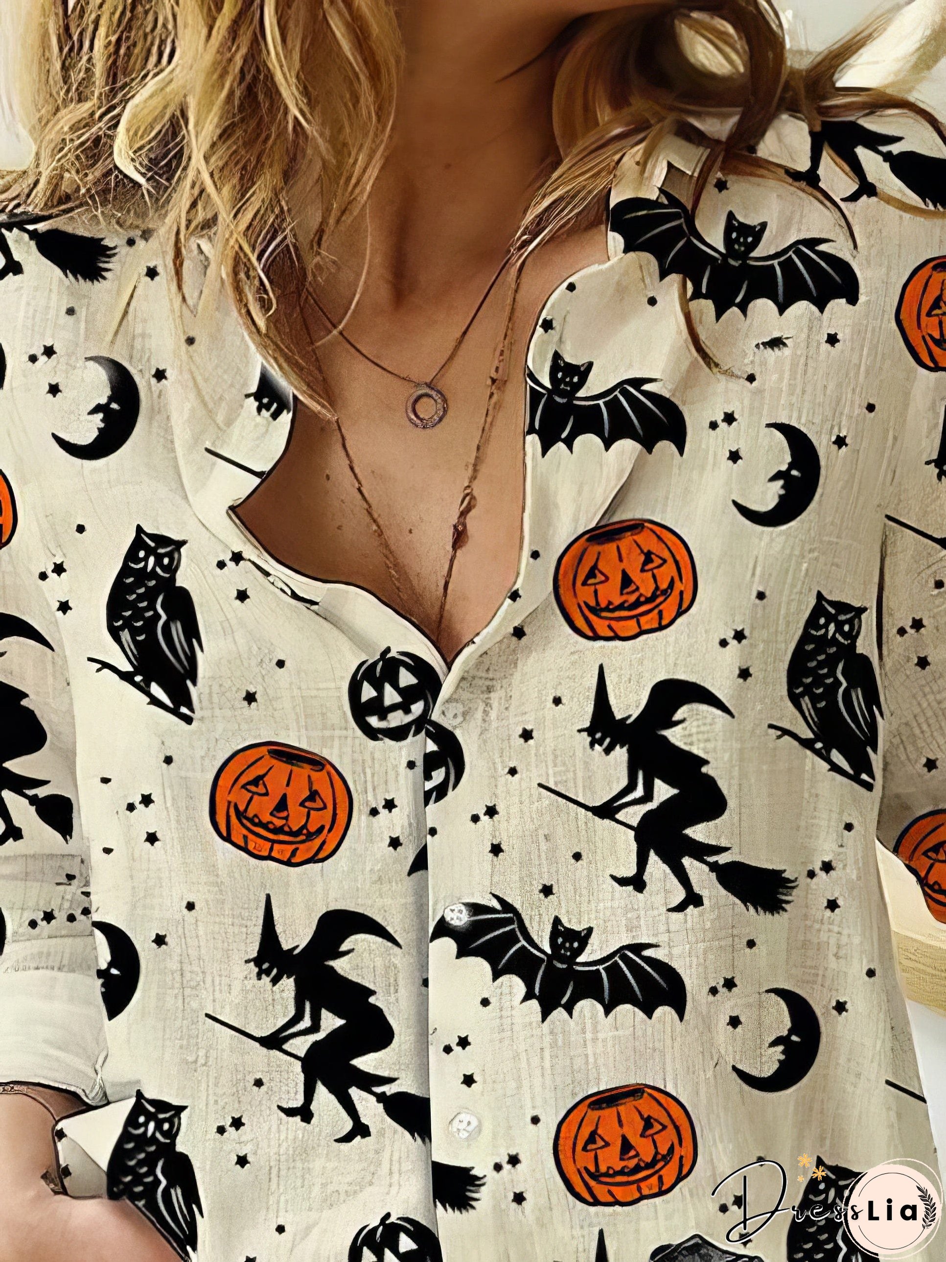 Halloween Pumpkin Bat Owl Witch Print Long Sleeve Shirt