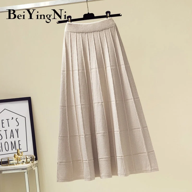Beiyingni Vintage Skirt Women Knit High Waist A Line Soft Casual Elegant Black Skirts Streetwear Spring Autumn Fashion Midi Saia