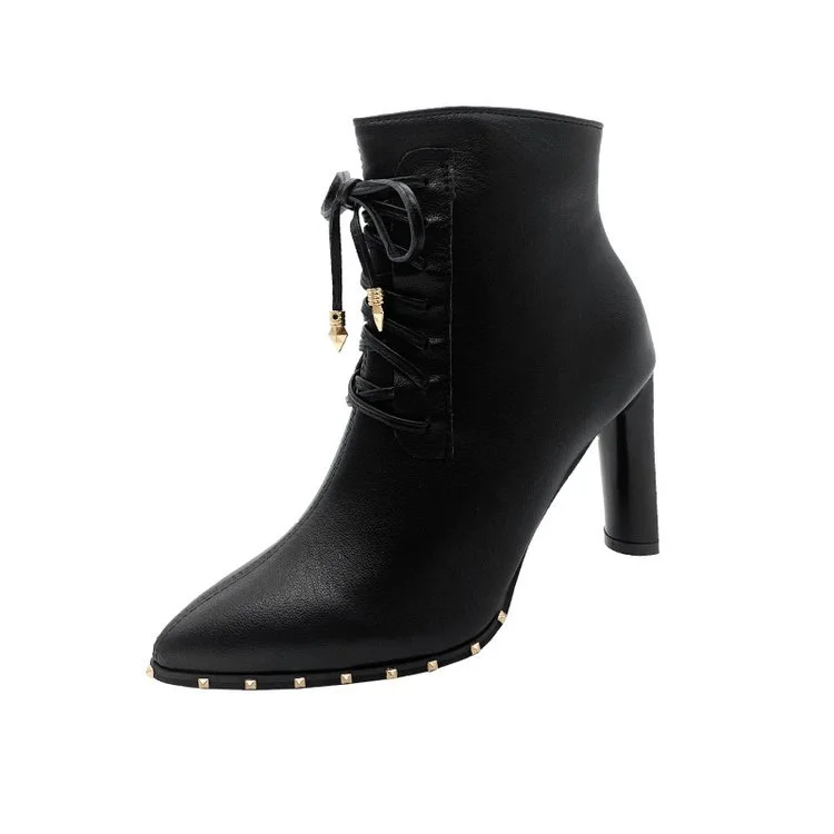Wongn Wongn Women's Shoes Rivevet Tip With High Heel Ankle Boots Thick Heel Leather Boots Fashion Women's Boots