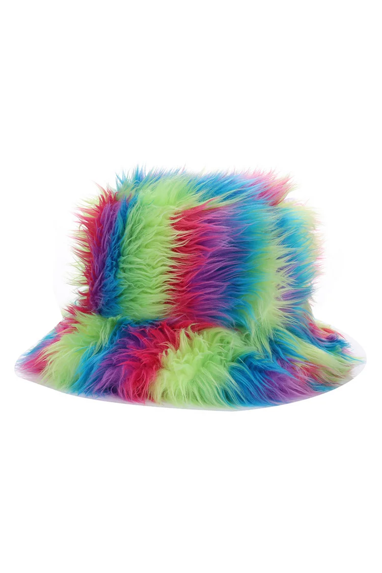 Rainbow Striped Gradient Fluffy Faux Fur Fisherman Hat