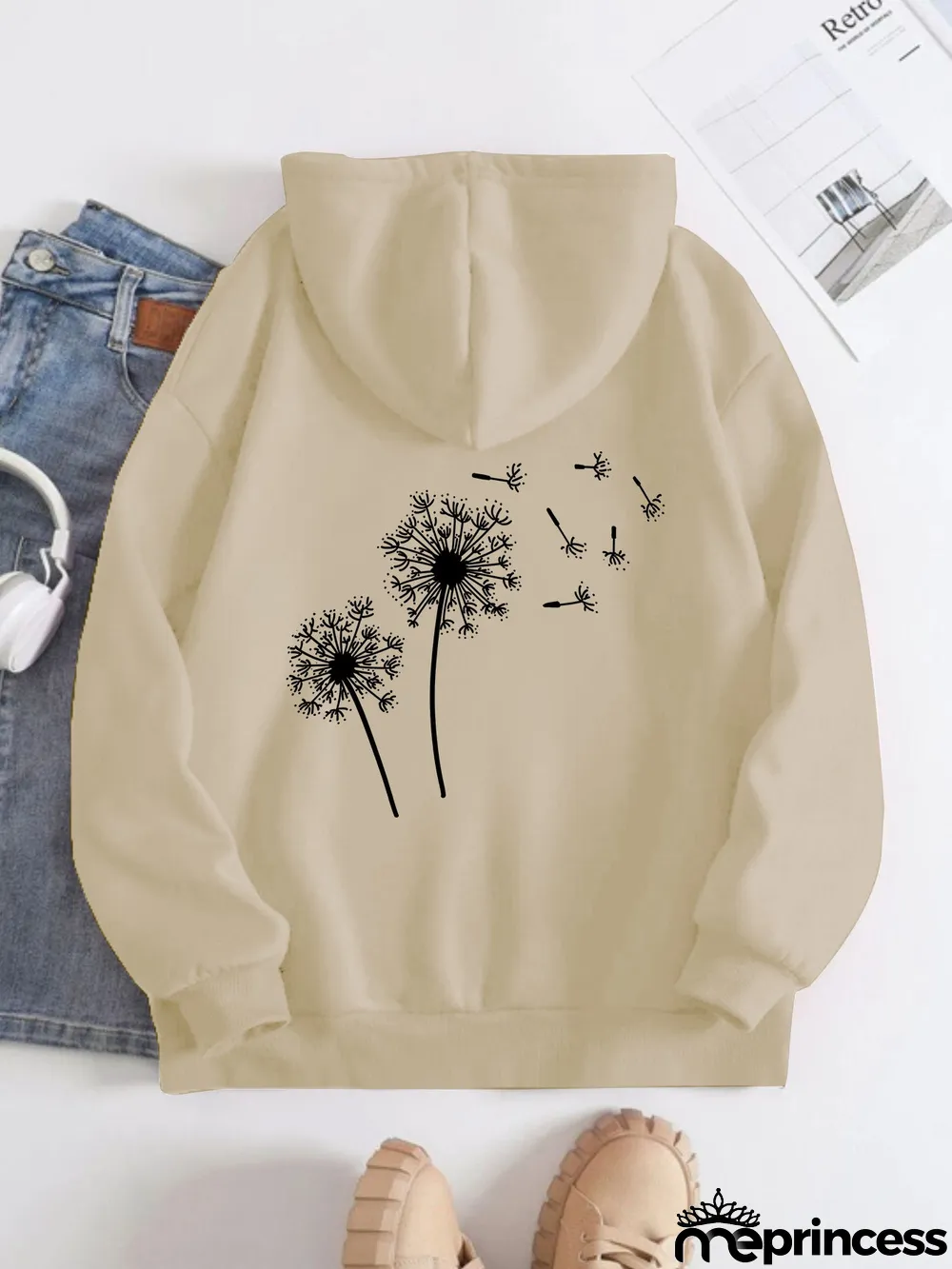Printed on the Back Kangaroo Pocket Hoodie Long Sleeve for Women Pattern Dandelion