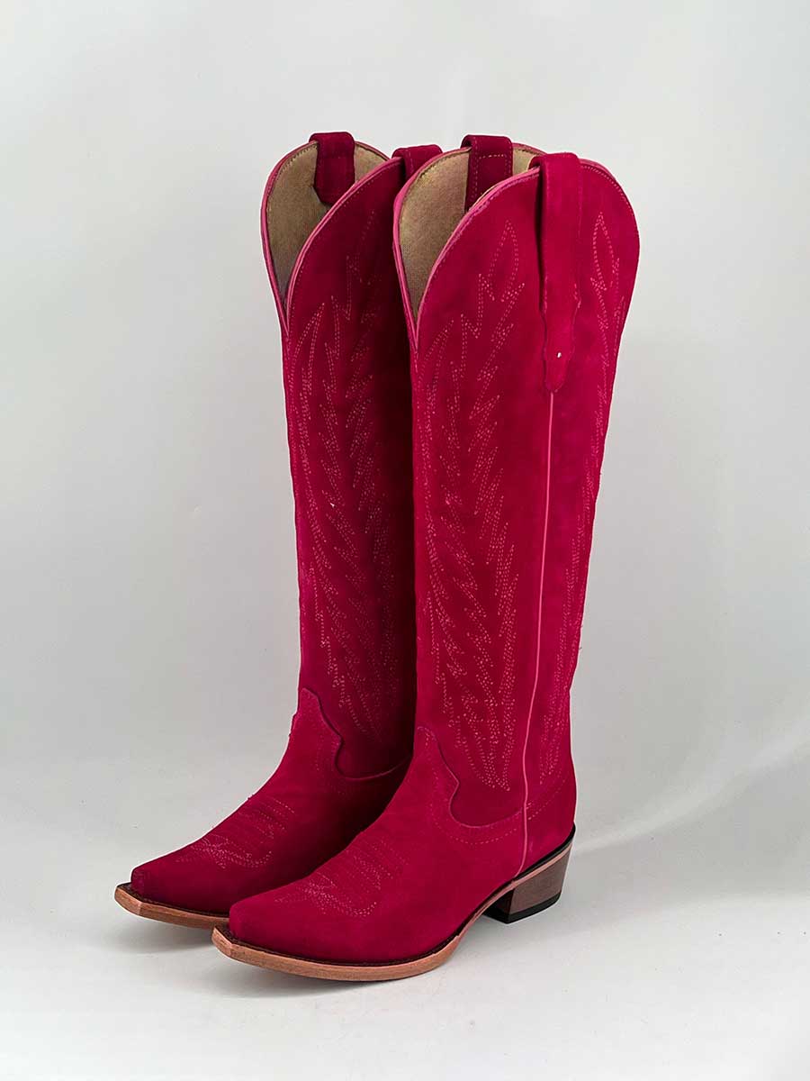 Women's Hot Pink Faux Suede Embroidered Pull-On Knee-High Cowgirl Boots