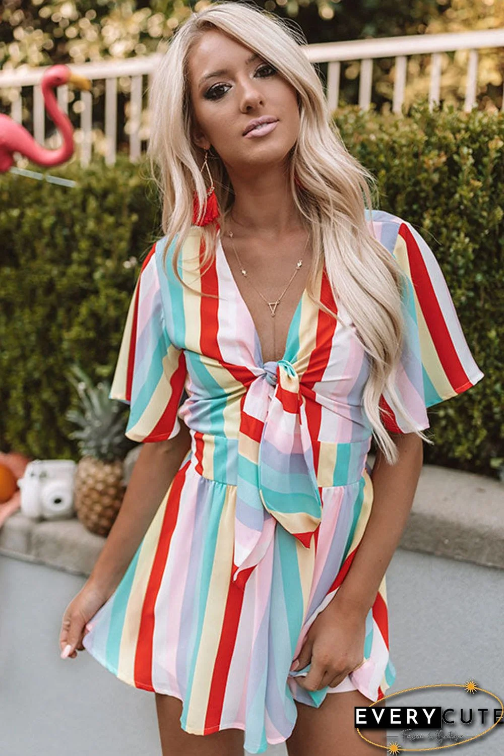 Multicolor Stripe Print Tie V Neck Flowy Romper