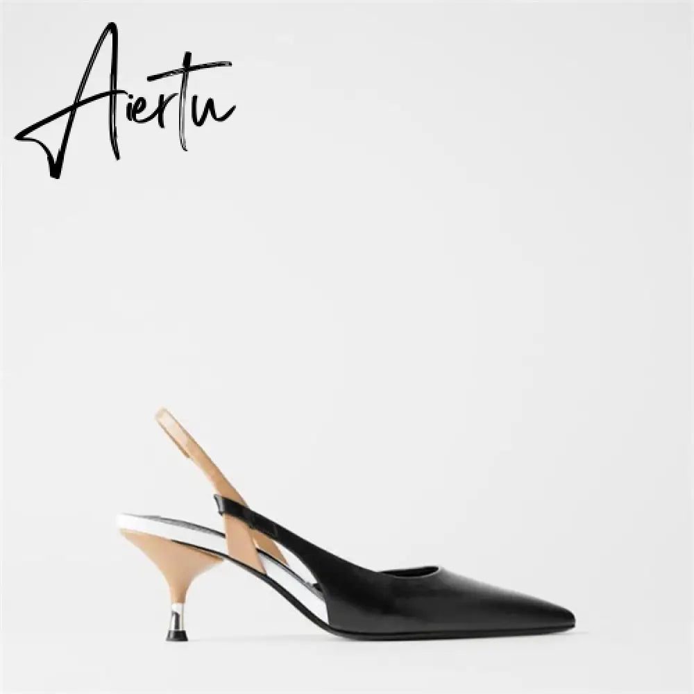 Classic Pointed Toe Stiletto Sandals Women New Metal Heel Stiletto Sandals Formal Wear Professional Women's Shoes Black Aiertu