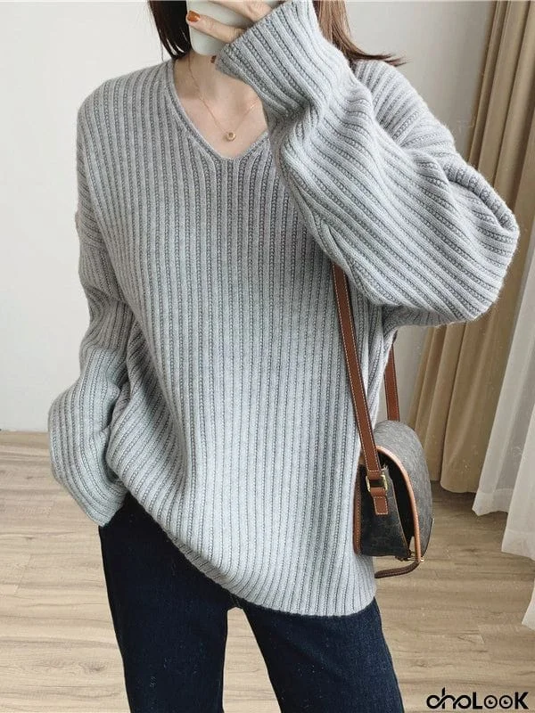 Casual Long Sleeves Loose Solid Color V-Neck Sweater Tops