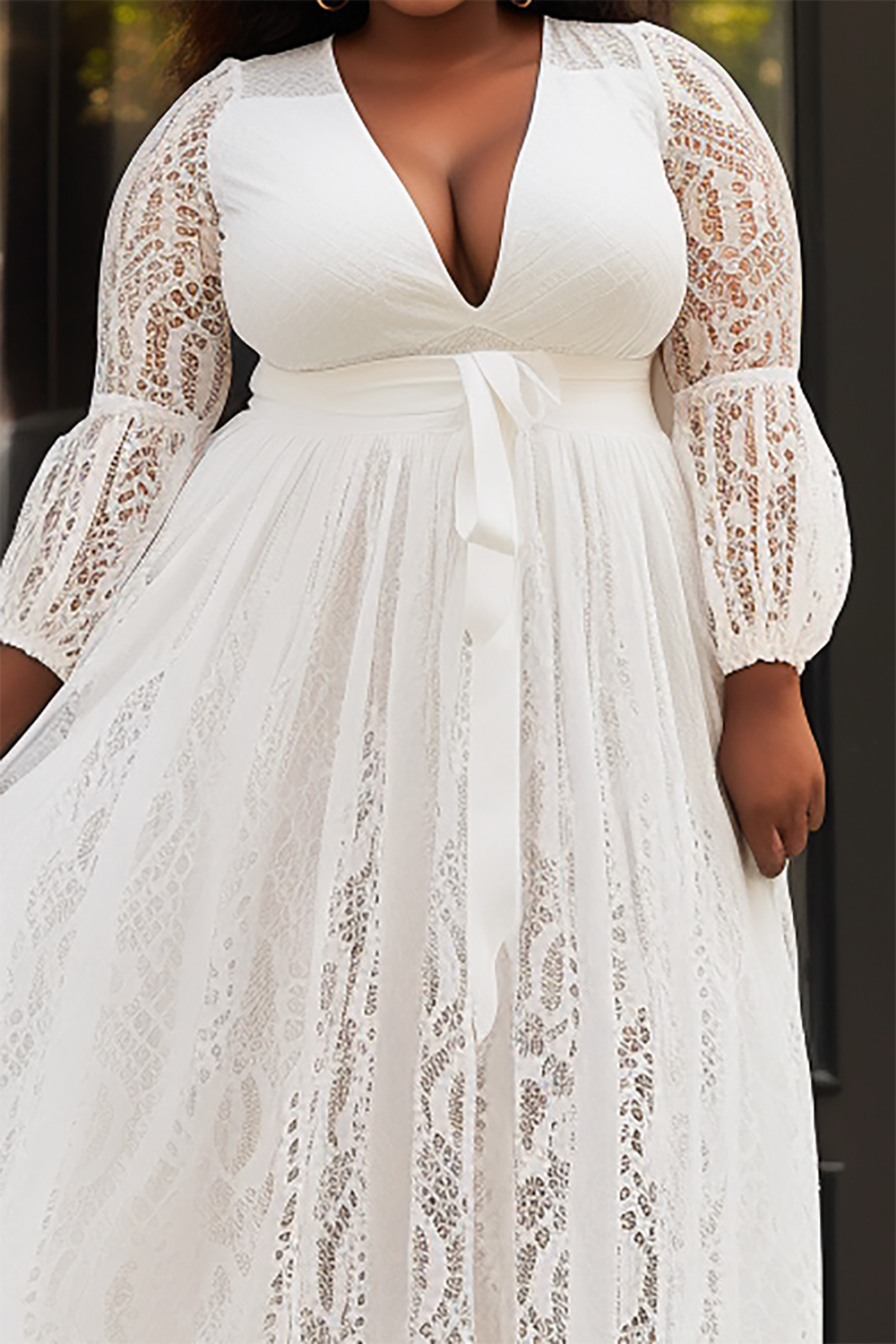 Design Plus Size Formal Elegant White V Neck Lantern Sleeve Long Sleeve See Through Lace Maxi Dresses [Pre-Order]