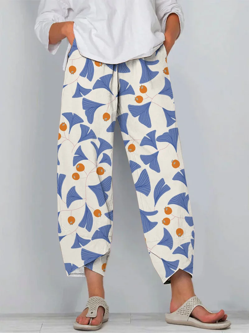Japanese Ginkgo Leaf Print Loose Cropped Pants