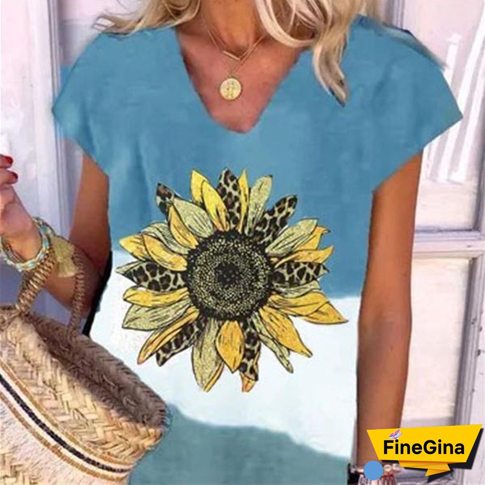 V-Neck Short Sleeve Flower Printed Casual Dress