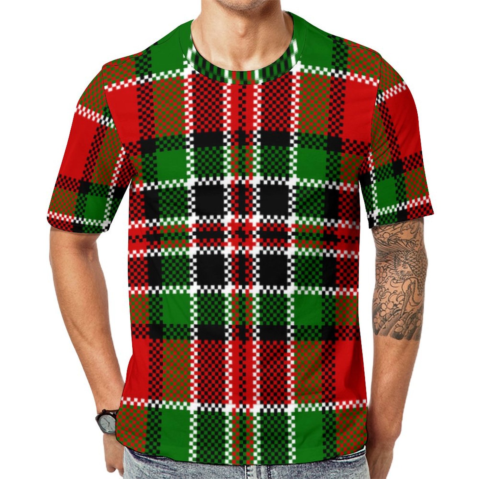 Green And Red Tartan Plaid Checkered Short Sleeve Print Unisex Tshirt Summer Casual Tees for Men and Women Coolcoshirts