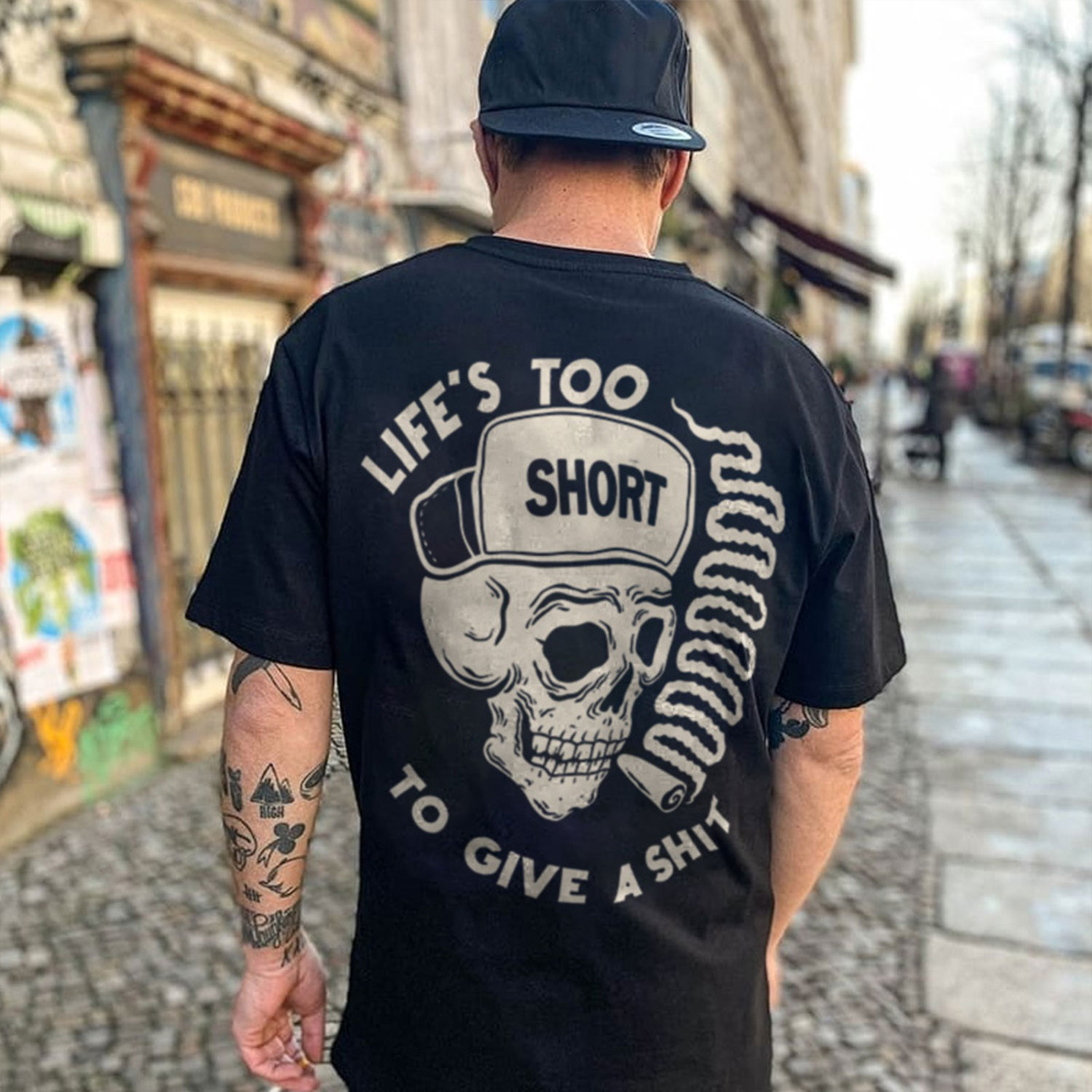MOTOSUNNY LIFE’S TOO SHORT TO GIVE A SHIT Skull Graphic Black Print T-shirt
