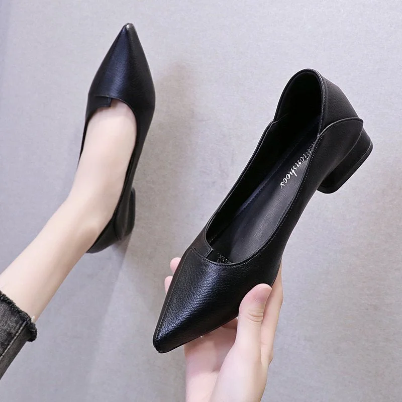 2020 Women Leather Pumps Shoes Office Lady Med Square Heel Pointy Toe Slip On Work Shoes Classic Heel 4 cm