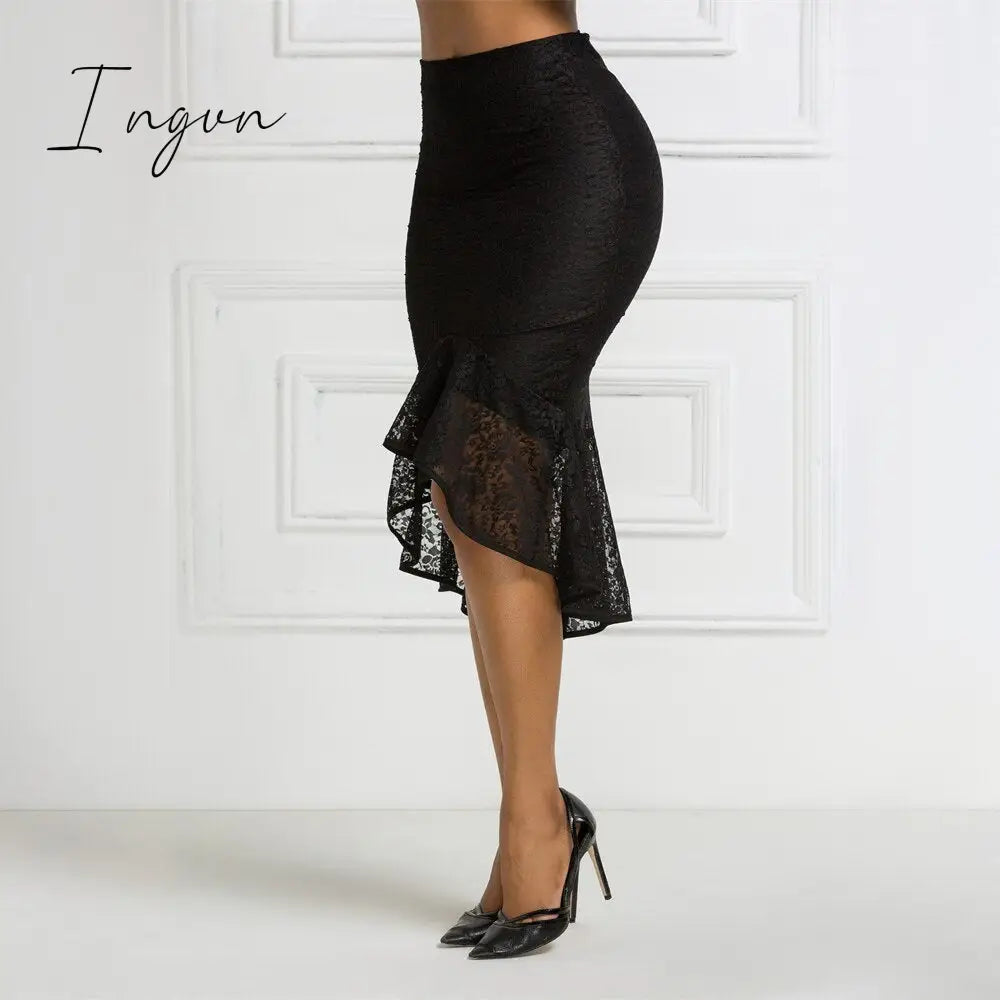 Ingvn - Fashion Trends Women Black Lace Skirt High Waist Slim Midi Modest Classy Irregular Length